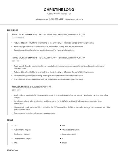 Public Works Inspector Resume