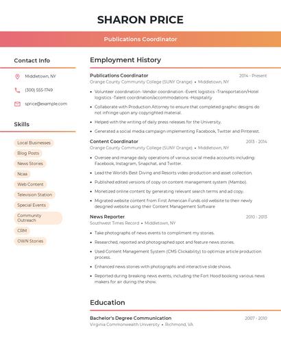 Publications Coordinator Resume
