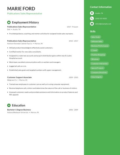 Publications Sales Representative Resume
