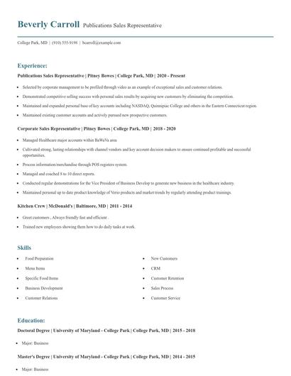 Publications Sales Representative Resume