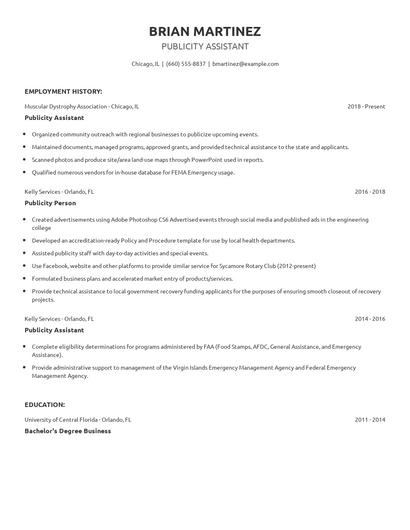 Publicity Assistant Resume