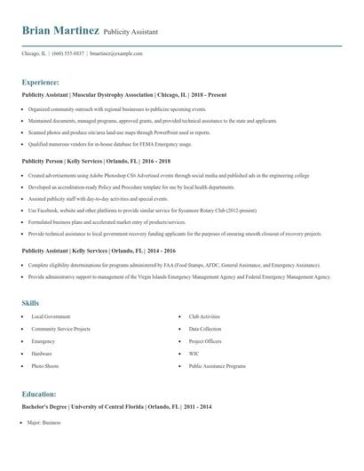 Publicity Assistant Resume
