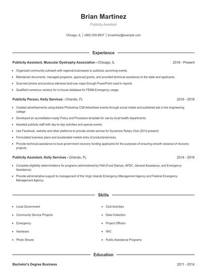 Publicity Assistant Resume