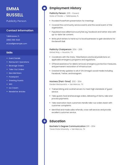 Publicity Person Resume