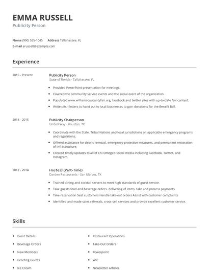 Publicity Person Resume