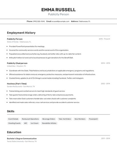 Publicity Person Resume
