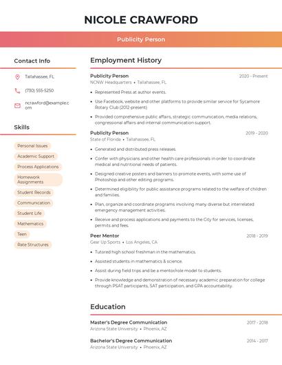 Publicity Person Resume