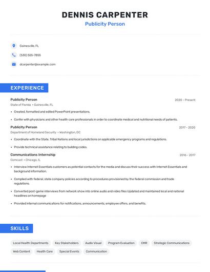 Publicity Person Resume