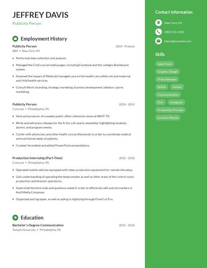Publicity Person Resume