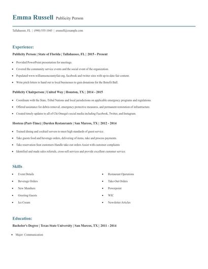 Publicity Person Resume
