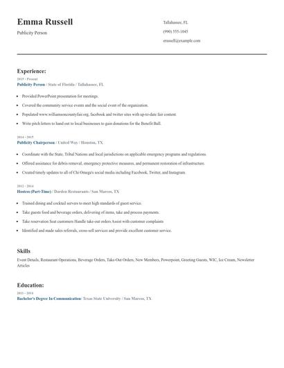 Publicity Person Resume