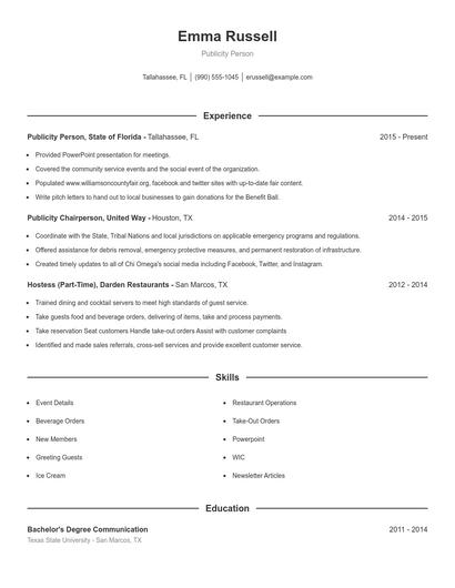 Publicity Person Resume