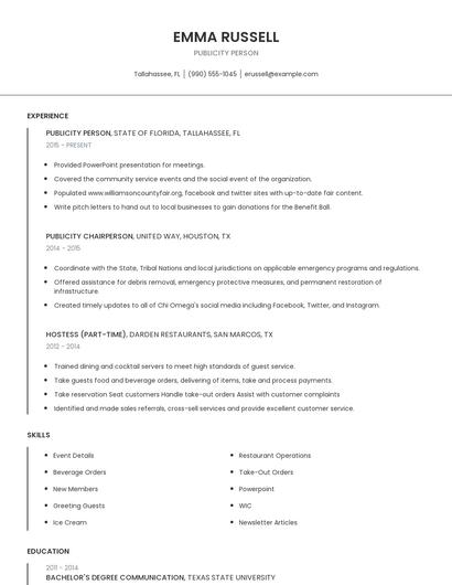 Publicity Person Resume