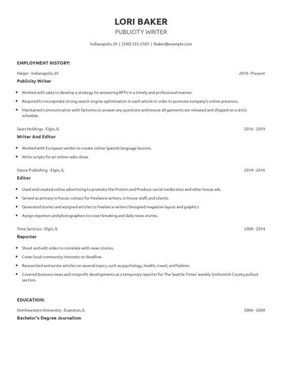 Publicity Writer Resume