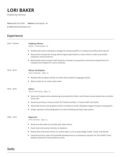 Publicity Writer Resume