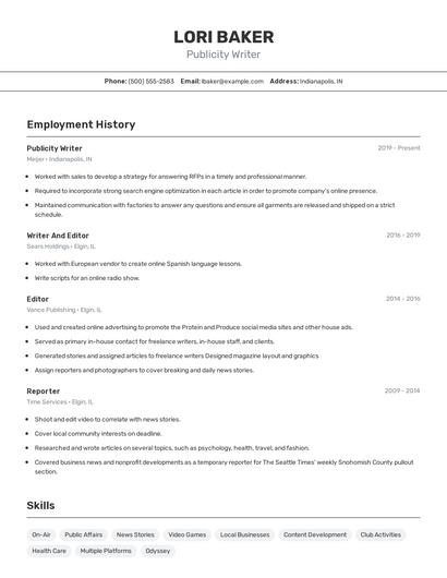 Publicity Writer Resume