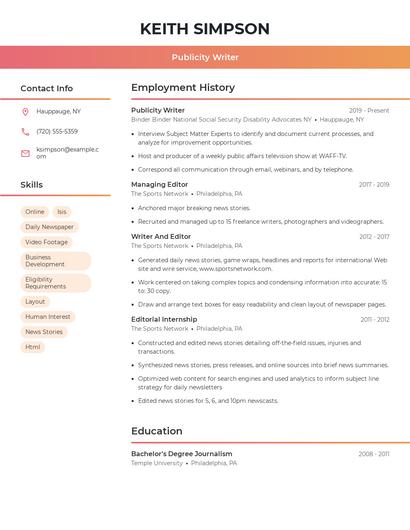 Publicity Writer Resume