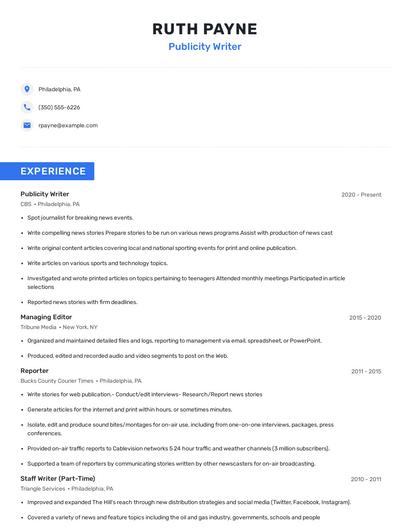 Publicity Writer Resume
