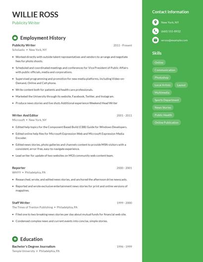 Publicity Writer Resume
