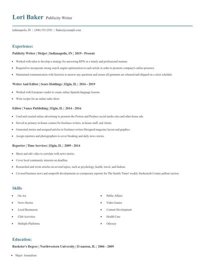 Publicity Writer Resume