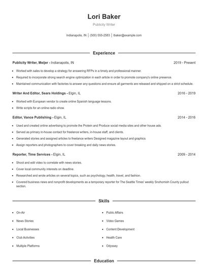 Publicity Writer Resume