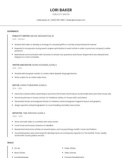 Publicity Writer Resume