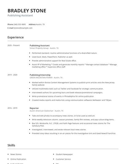 Publishing Assistant Resume