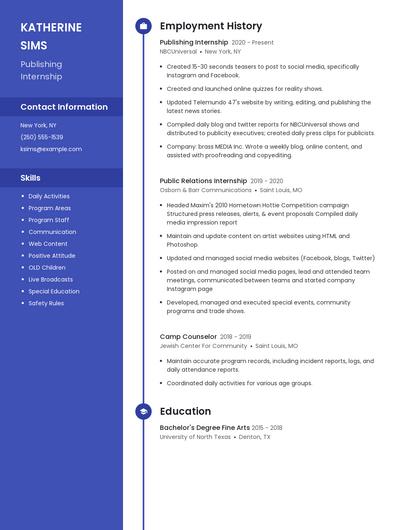 Publishing Internship Resume