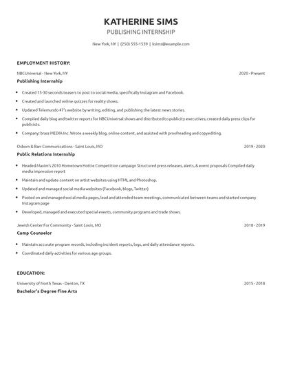 Publishing Internship Resume