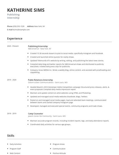 Publishing Internship Resume