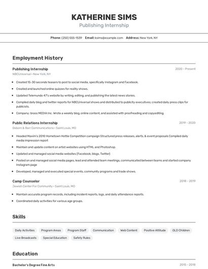 Publishing Internship Resume