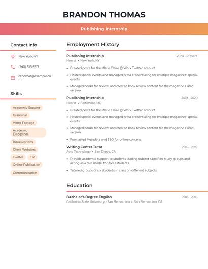 Publishing Internship Resume