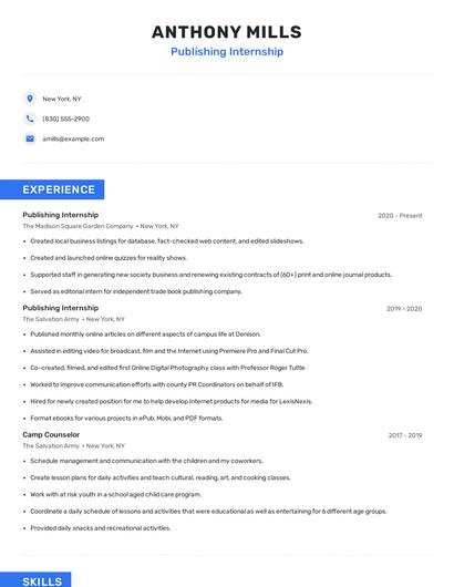 Publishing Internship Resume