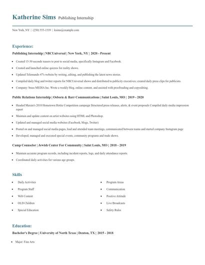 Publishing Internship Resume