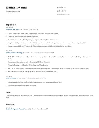 Publishing Internship Resume