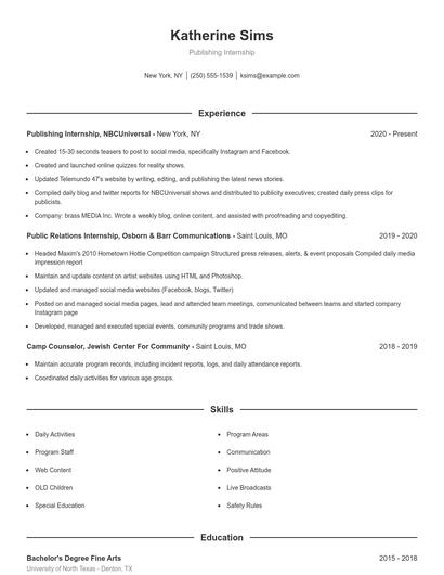 Publishing Internship Resume