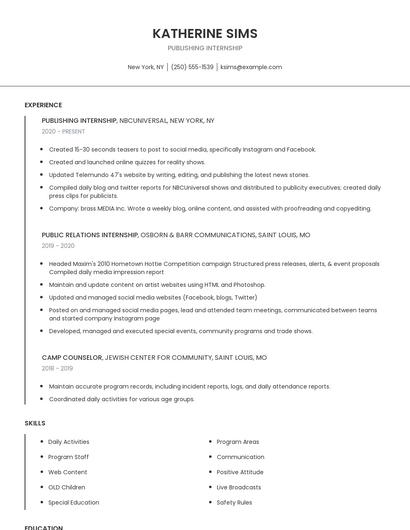 Publishing Internship Resume