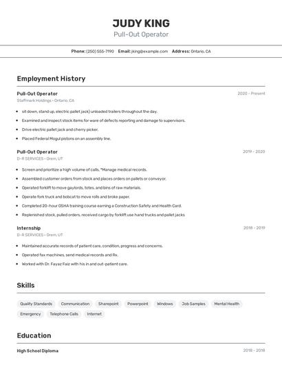 Pull-Out Operator Resume