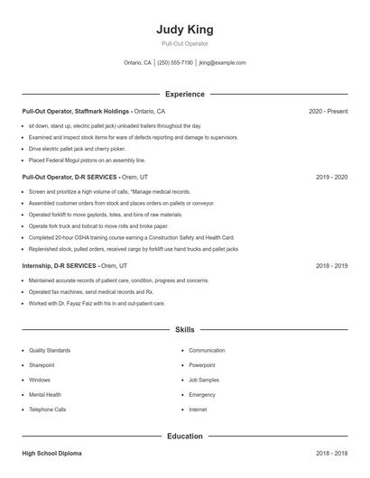 Pull-Out Operator Resume