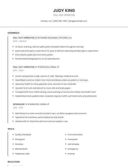 Pull-Out Operator Resume
