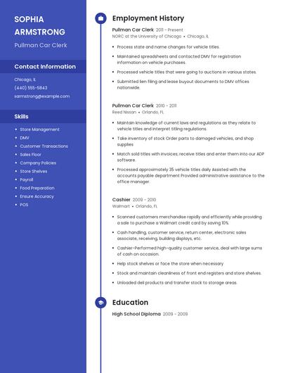 Pullman Car Clerk Resume