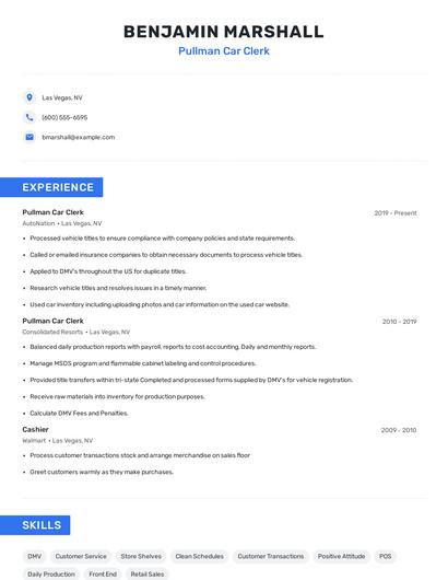 Pullman Car Clerk Resume