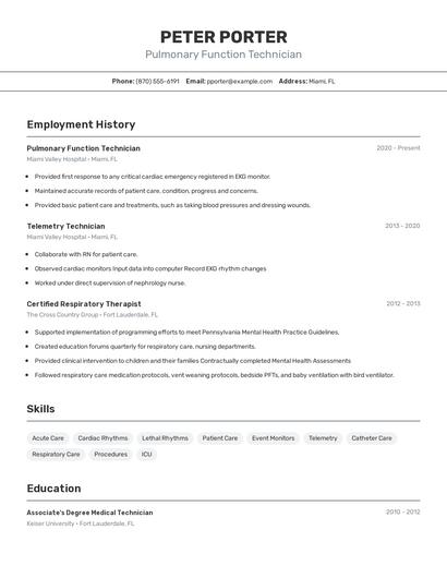 Pulmonary Function Technician Resume