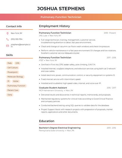Pulmonary Function Technician Resume