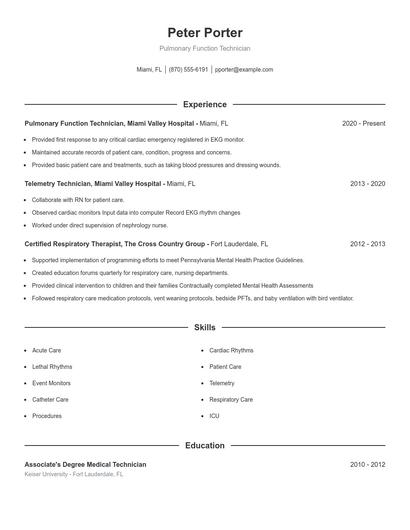 Pulmonary Function Technician Resume