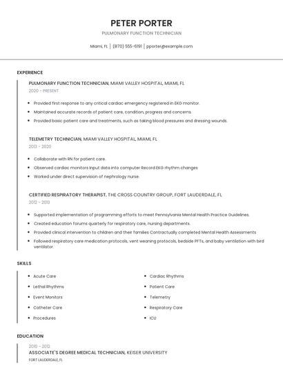 Pulmonary Function Technician Resume