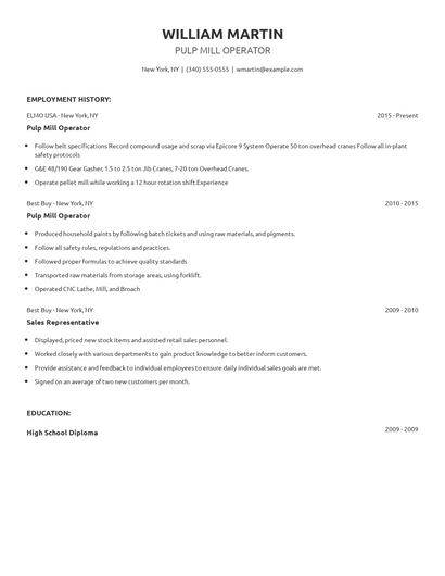 Pulp Mill Operator Resume