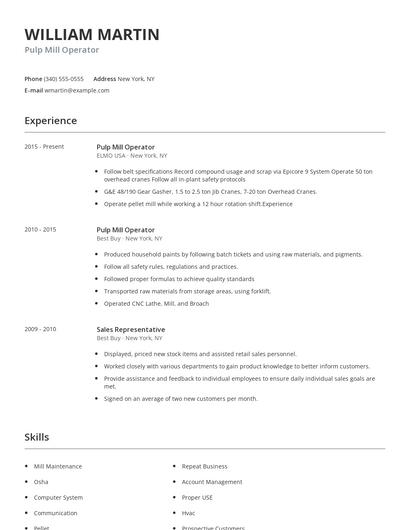 Pulp Mill Operator Resume