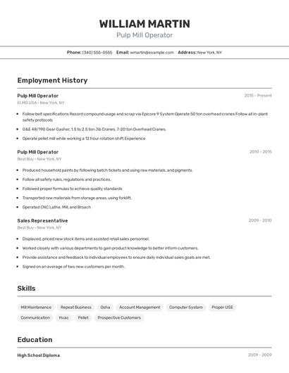Pulp Mill Operator Resume