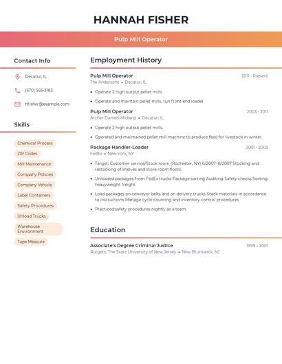 Pulp Mill Operator Resume